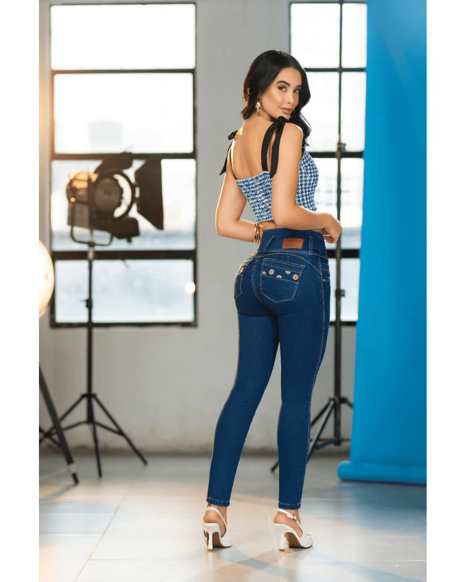 Jean skinny. Flores. Pretina Alta