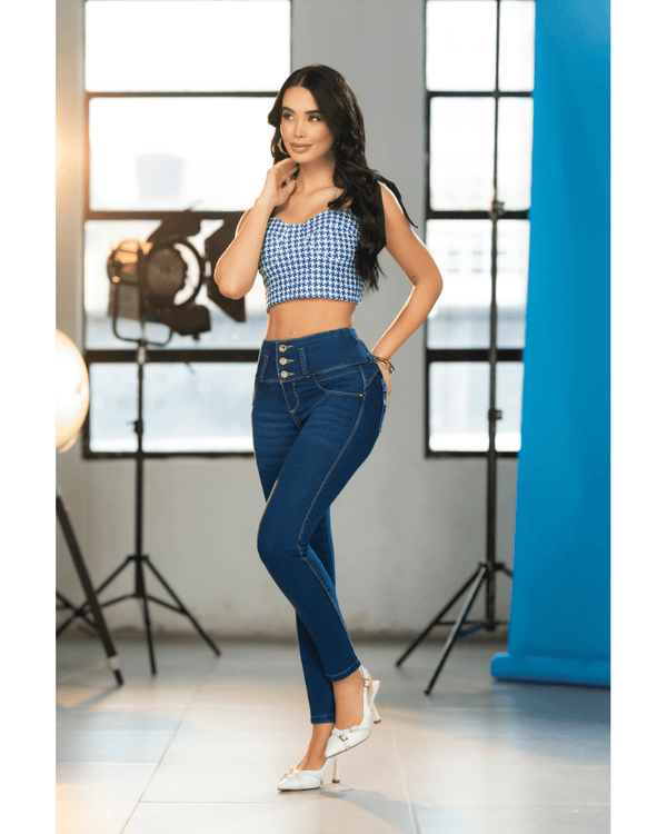 Jean skinny. Flores. Pretina Alta