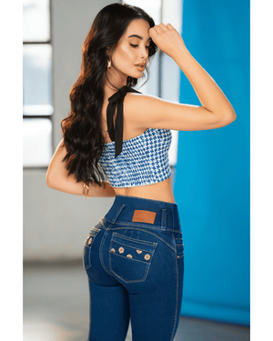 Jean skinny. Flores. Pretina Alta