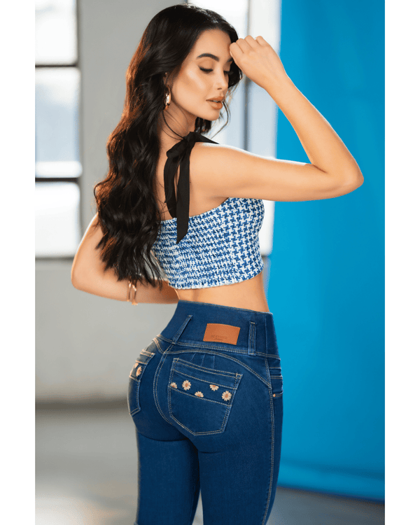 Jean skinny. Flores. Pretina Alta